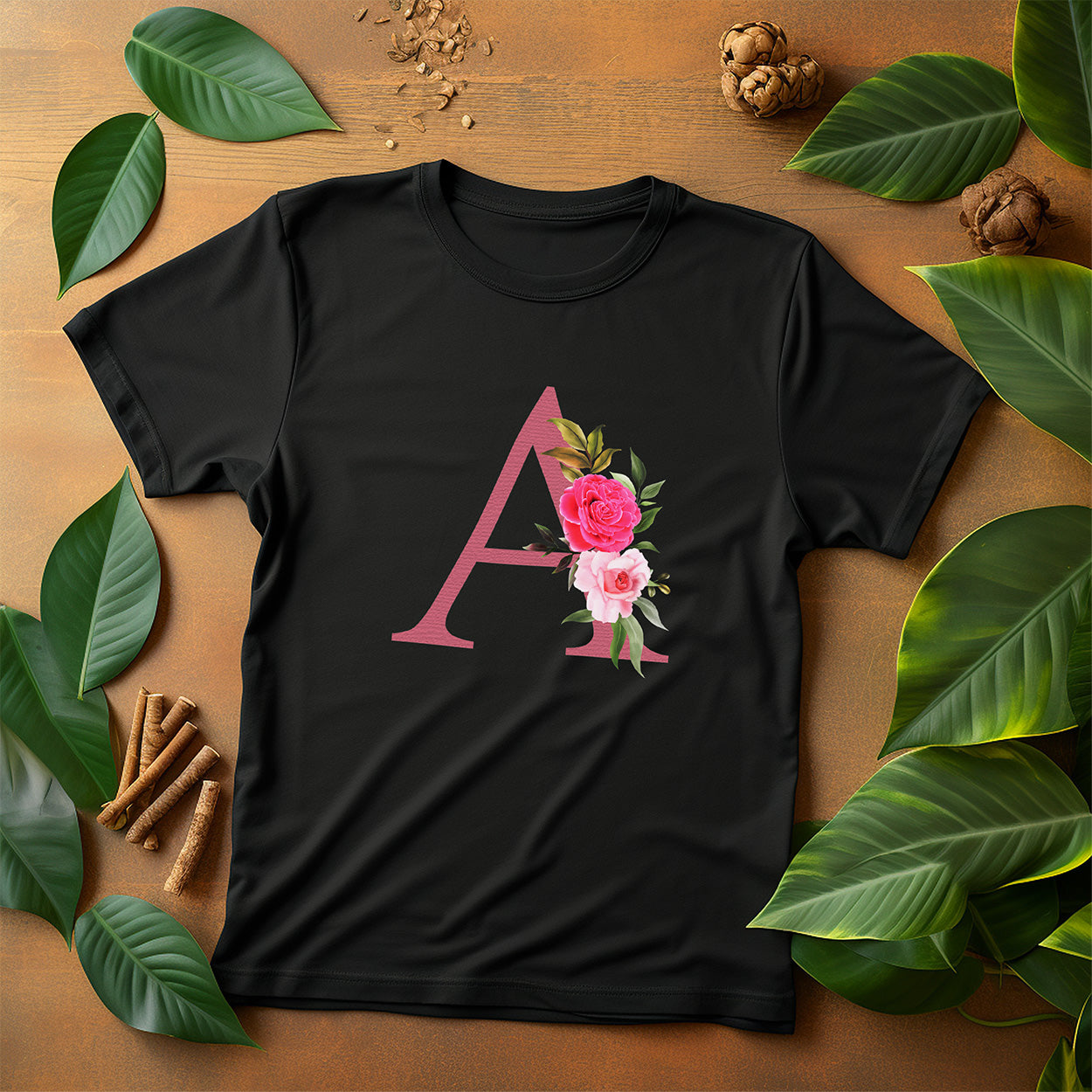 Black T-Shirt - Flower Initial