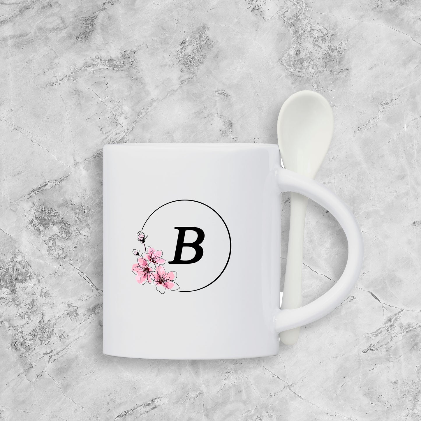 Custom Blend Ceramic Coffee Mug & Spoon Set - Flower + Initial