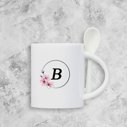 Custom Blend Ceramic Coffee Mug & Spoon Set - Flower + Initial