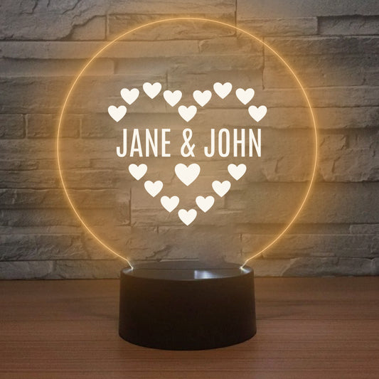 Personalised LED Lamp - Hearts + Names