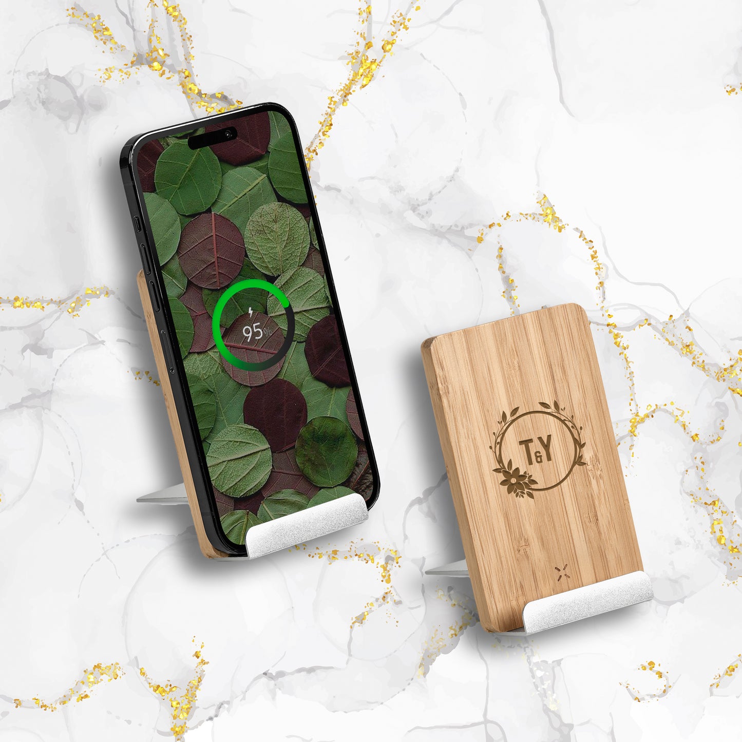 EcoCradle Wireless Charging Phone Stand - Leafy Initials
