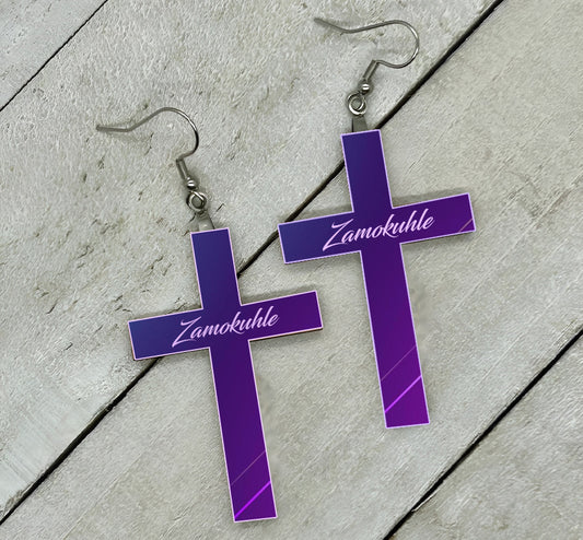 Cross Earrings - Name (Purple)