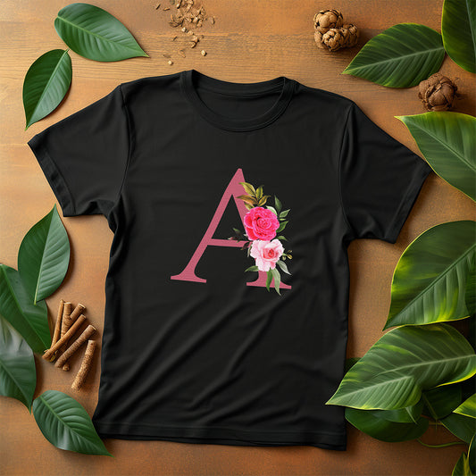 Black T-Shirt - Flower Initial