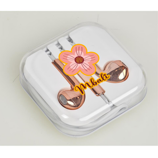Personalised Rose Gold Earbuds - Flower + Name
