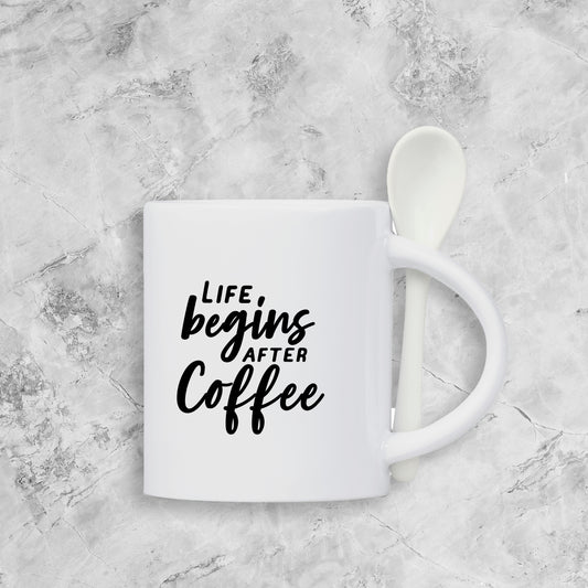 Custom Blend Ceramic Coffee Mug & Spoon Set - Life begins after coffee