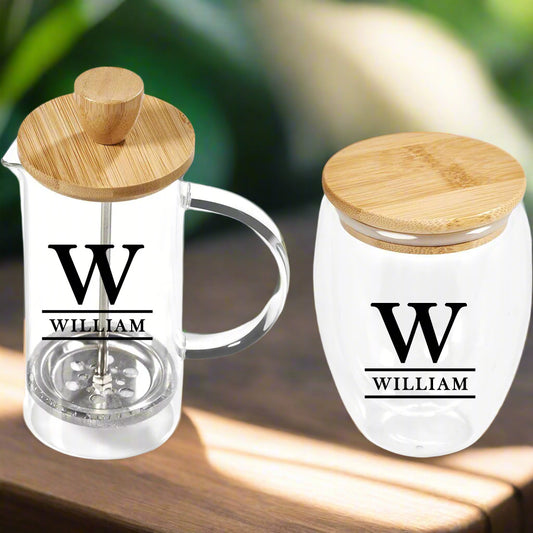 Savor & Sip Glass & Bamboo Coffee Set - Initial + Name